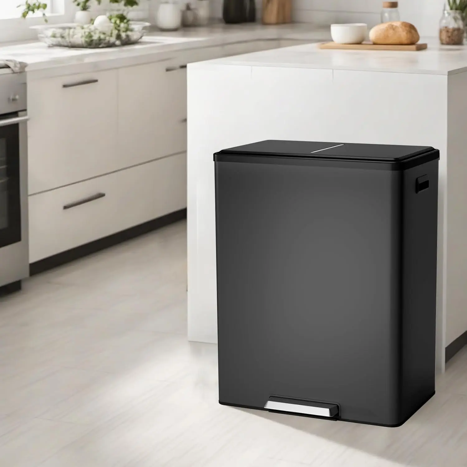 GARVEE 2 x 8 Gal (2 x 30L) Stainless Steel Dual Compartment Step-On Recycling Bin with Soft-Close Lids and Removable Inner Buckets for Kitchen, Home, and Office - Black