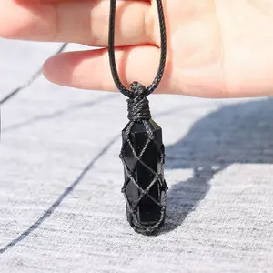 Natural Crystal Pendant Black Obsidian Hexagonal Point Pendant Cord Healing Protection Inner Peace Necklace, Women Men Adjustable Necklace