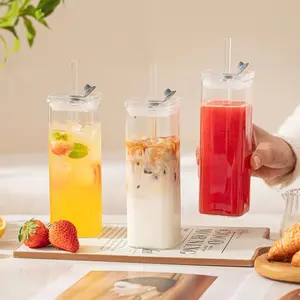 Clear Square Glass Cups 8 Pack 500ml Large Capacity With Lids Straight Straws Brushes Eco Friendly Drinkware Home Office Daily Drinking Quality Choice For Office Desk
