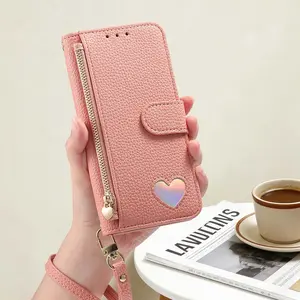 Foldable Wallet Card Holder Stand Protective Phone Case, Cover, New Heart Design, Multiple Card Slots, Zipper Purse, Accessories, Fits iPhone 17 16pro Max 17 Pro, Smartphone