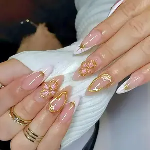 Glossy French Tip Medium Almond Nails with Flowers, 24-Piece Press-On Set