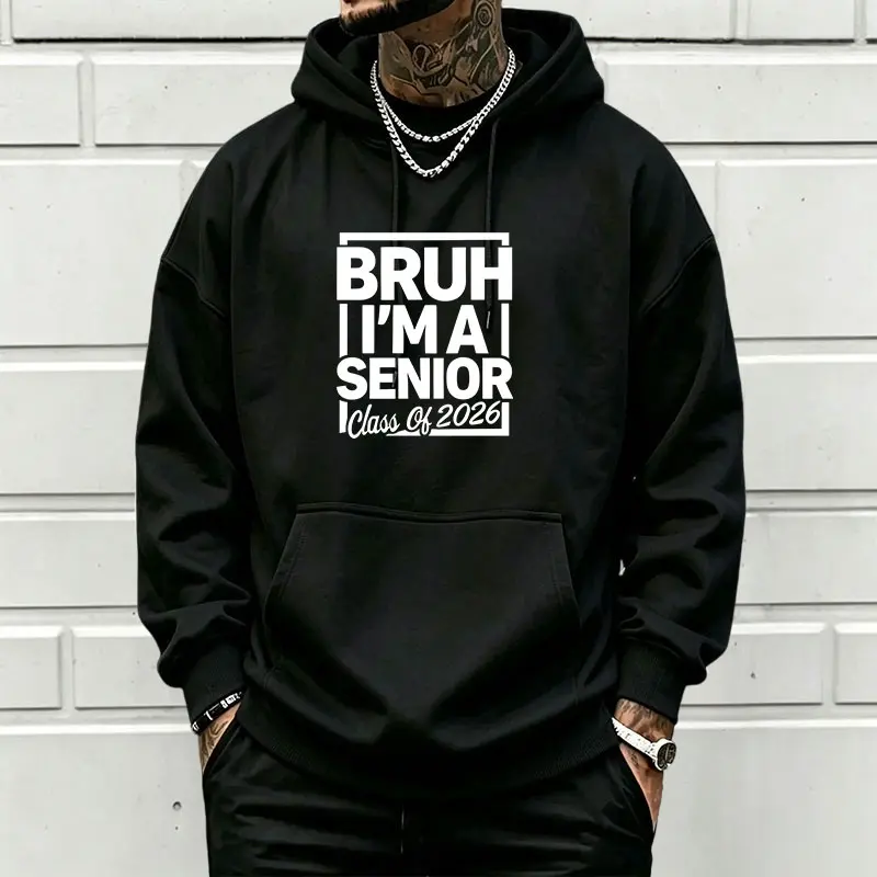 Menswear Loose Long-Sleeve Hoodie, Unisex Simple Senior Graduation Theme Chest Print Sweatshirt, Campus Trend Style