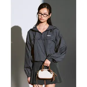 URBAN REVIVO 2026 Spring New Lady's Casual Long-Sleeve Stretchy Cotton-Polyester Hooded Sweatshirt - Plaid, Embroidered Lace Trim, Medium-Length Clothes with Pocket & Bag UYU260027