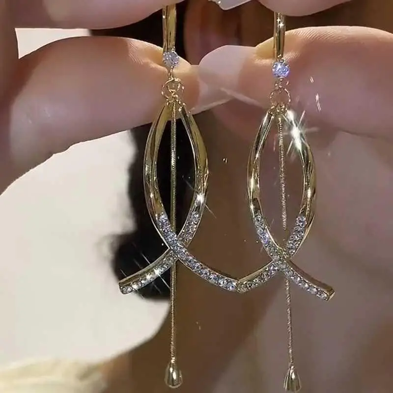 Fashionable Elegant Rhinestone-Studded Crossed Fishtail Long Tassel Earrings 2024 Refined Premium Light Ear Drops Jewelry HNAM67