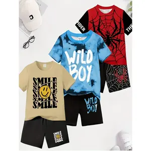 Boys' 6pcs 3-set Digital Print Cool Casual Short-sleeved T-shirt and Shorts Set with Round Neck Spring Summer Regular Version Outdoor Clothing