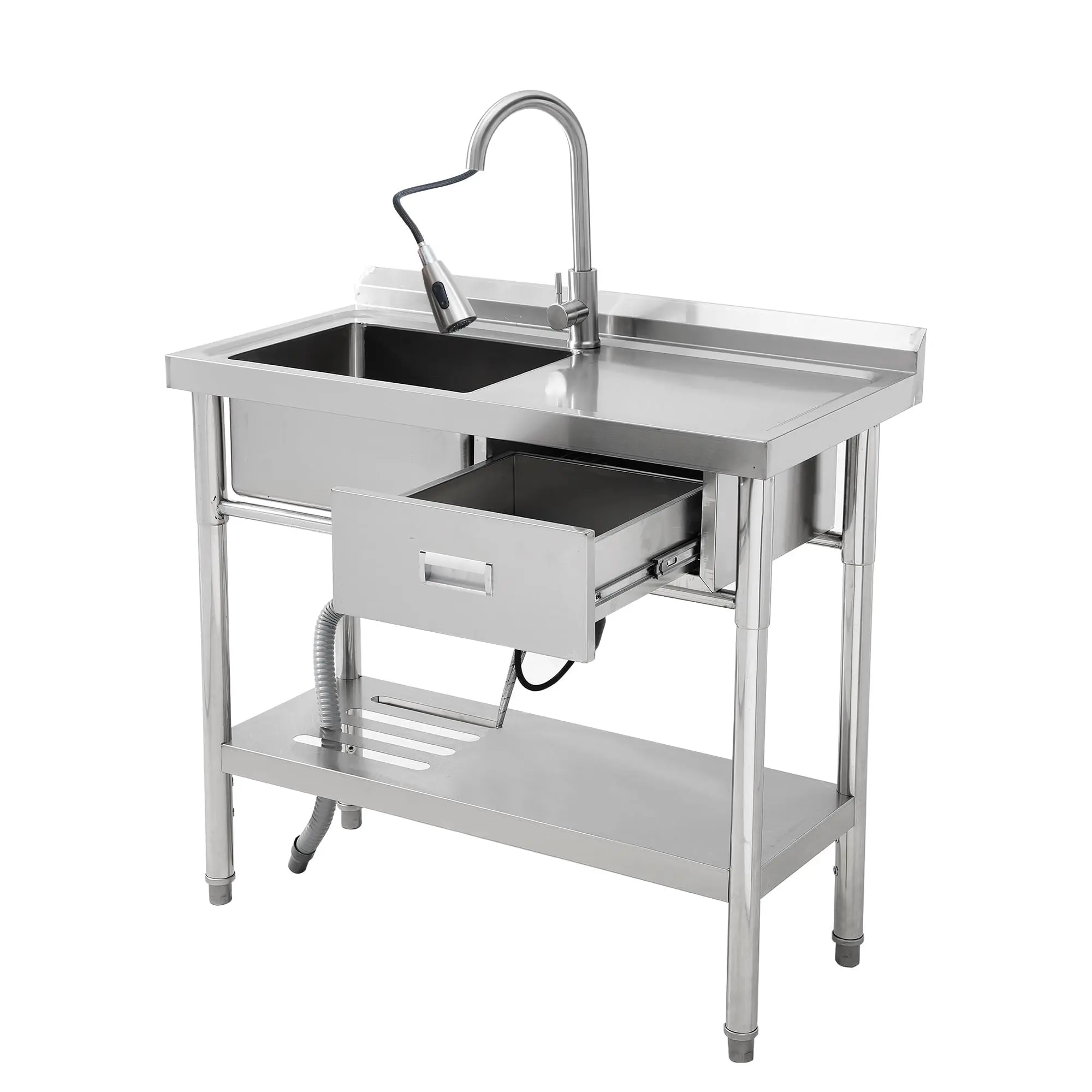 Freestanding Stainless Steel Sink 99x36x84cm, Commercial Single Bowl with Drawers, Bench and Hot and Cold Water Pipes for Kitchen and Laundry