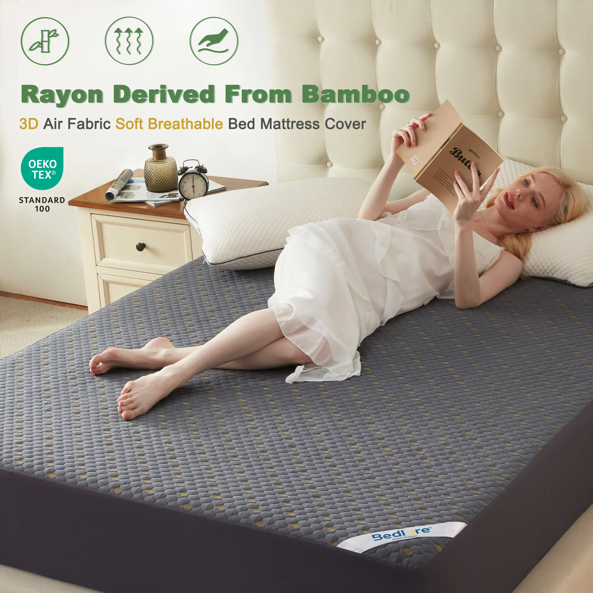 【SummerWins】BEDLORE Honeycomb Breathable Waterproof Mattress Protector - Ultra-Soft Non-Slip Fitted Deep Pocket Sheet, Noiseless Bedding Cover, Breathable Durable Sheets, Machine Washable Easy Care for Home, Hotel Use