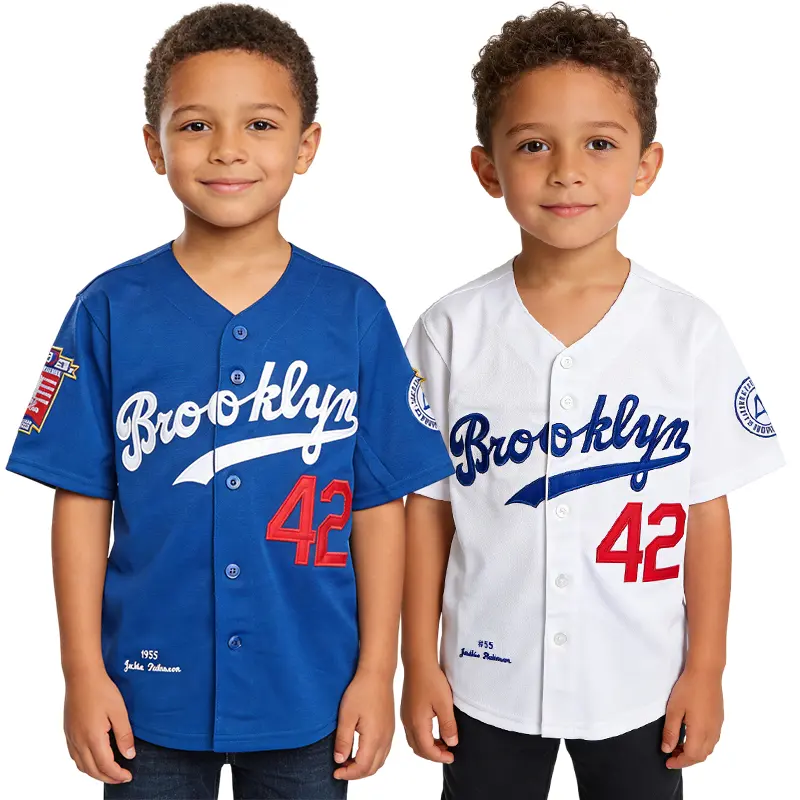 Kids' Retro Baseball Jersey, Button-Down Shirt with Stitched #42 Legend Embroidery, Durable Polyester Sporty Top for Young Fans, Perfect Gift, Apparel Jersey, Sporty Jersey