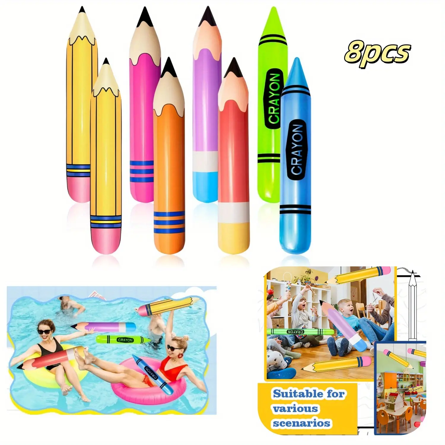 8pcs Giant Inflatable Crayons | Suitable for Back to School Party, Birthday Party Decorations, Opening And Graduation Gifts, welcome back Pool Party Supplies