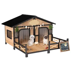 PawHut 59"x64"x39" Wood Dog House Cabin Style Elevated Pet Shelter w/Porch Deck Natural