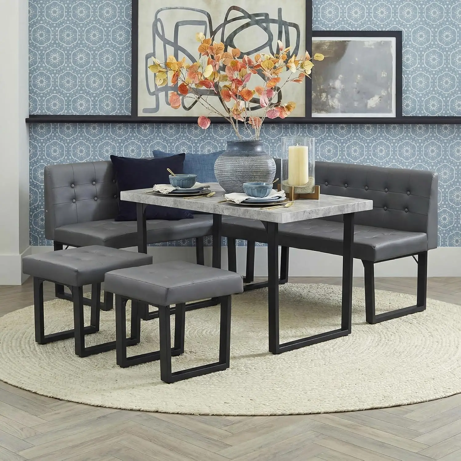 Yechen 72" Wood Top Upholstered Corner Breakfast Nook Dining Room Set, L-Shaped Foam-Filled Fabric Booth with Storage Bench, Stable 6-Person Space-Saving Kitchen Seating, Hidden Tableware Storage, Easy Setup
