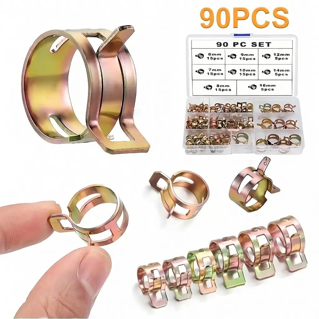 90pcs Spring Action Hose Clamp Assortment Kit - Assorted Sizes 6mm,7mm,8mm,9mm,10mm,12mm,14mm,16mm for Fuel, Vacuum Hose, Low-Pressure Air Applications | Fathers Day Gift Idea