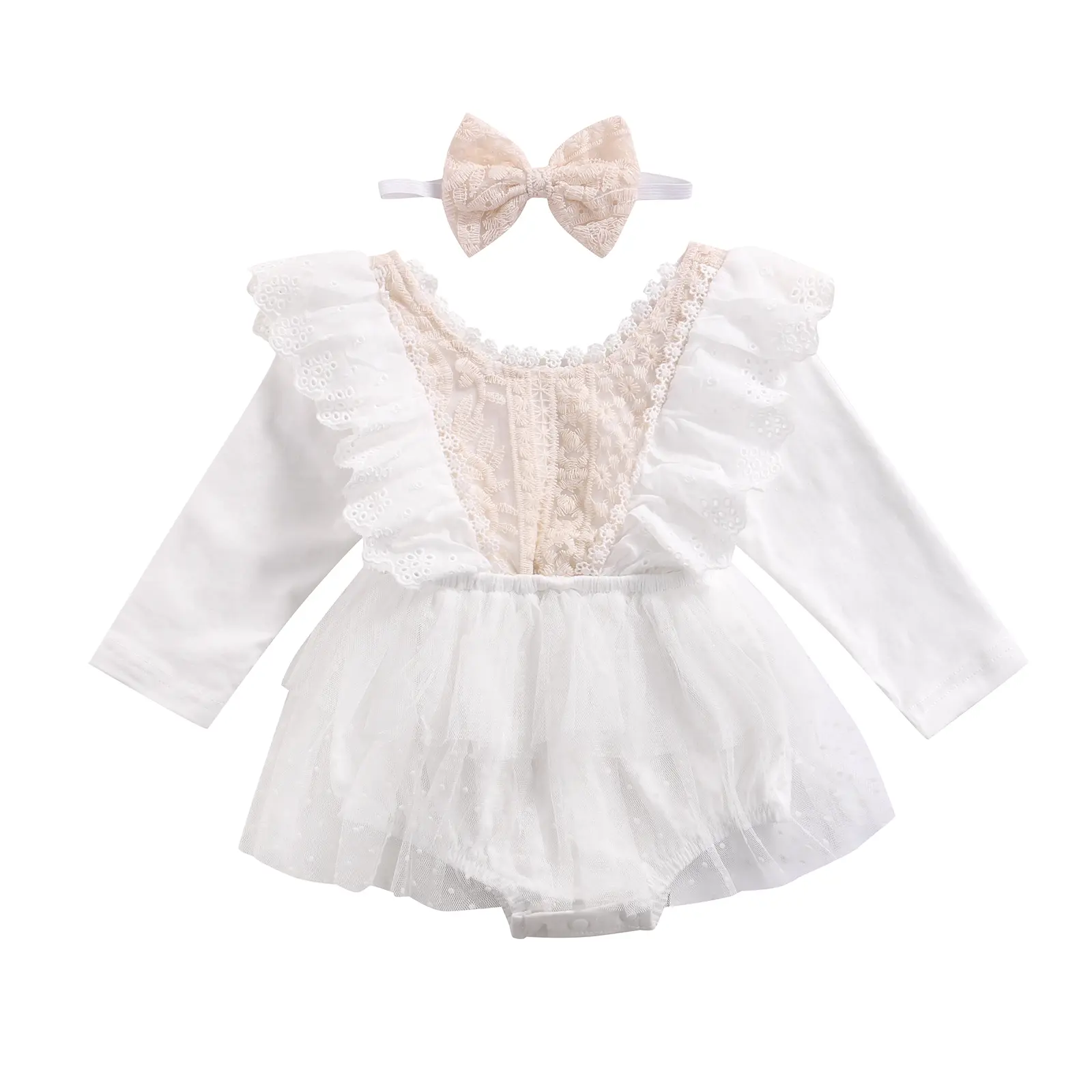 Imcute Baby Girls 2Pcs Fall Outfits, Ruffle Long Sleeve Floral Lace Tutu Romper with Headband Set
