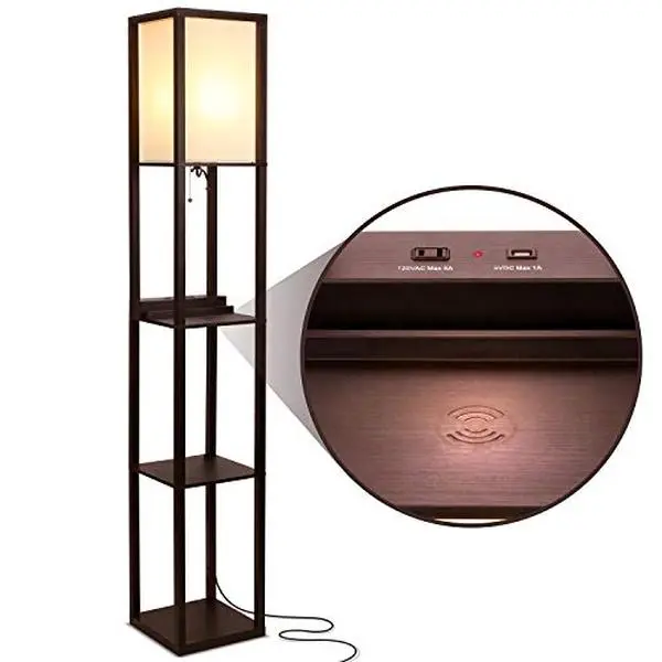 Brightech Maxwell Modern Shelf Floor Lamp - with USB Ports, Wireless Charging, Outlet - Versatile Corner Display, Storage Solution for Living Room, Office