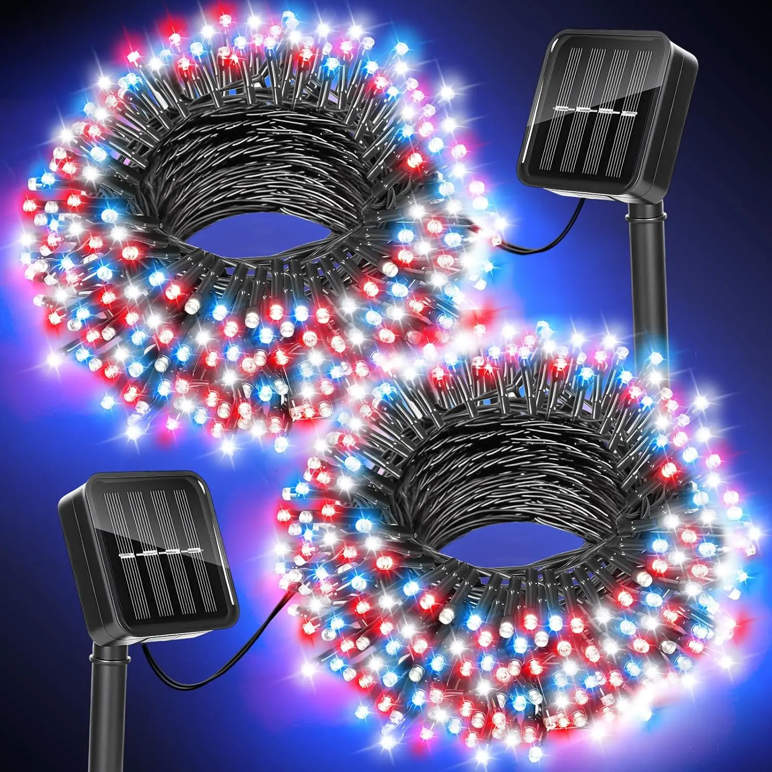 Patriotic Red White Blue Solar LED String Lights - Outdoor Waterproof Strips, 2 Packs (100LED Each) 200LED 66ft, 8 Modes, for 4th of July Decor, Garden Pathway Fence