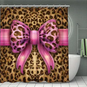 1pc Leopard  Bow Shower Curtain Bathroom Partition Curtain Home Decoration Modern Home Curtain Decoration Housewarming Gift