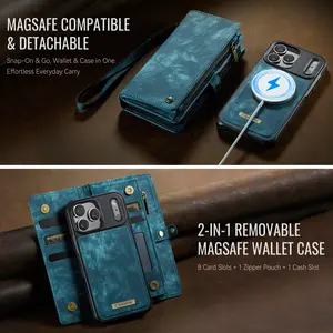 Compatible with iPhone 17 Pro Max/ 17 Pro/ 17 Air/ 17 & More, Magnetic Wallet Case. MagSafe Compatible, Detachable. 8 Card Slots, 1 Cash Slot, 1 Zipper Pouch. 360° Drop-Proof, Stand for Viewing, Easy Calling.