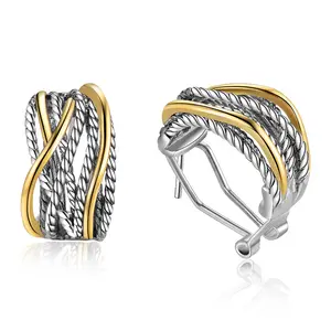 Aprilery Elegant Design Twisted Rope Crossover Hoop Earrings – Wide Band Two-Tone Huggie Earrings for Women, Fashion Jewelry Gift