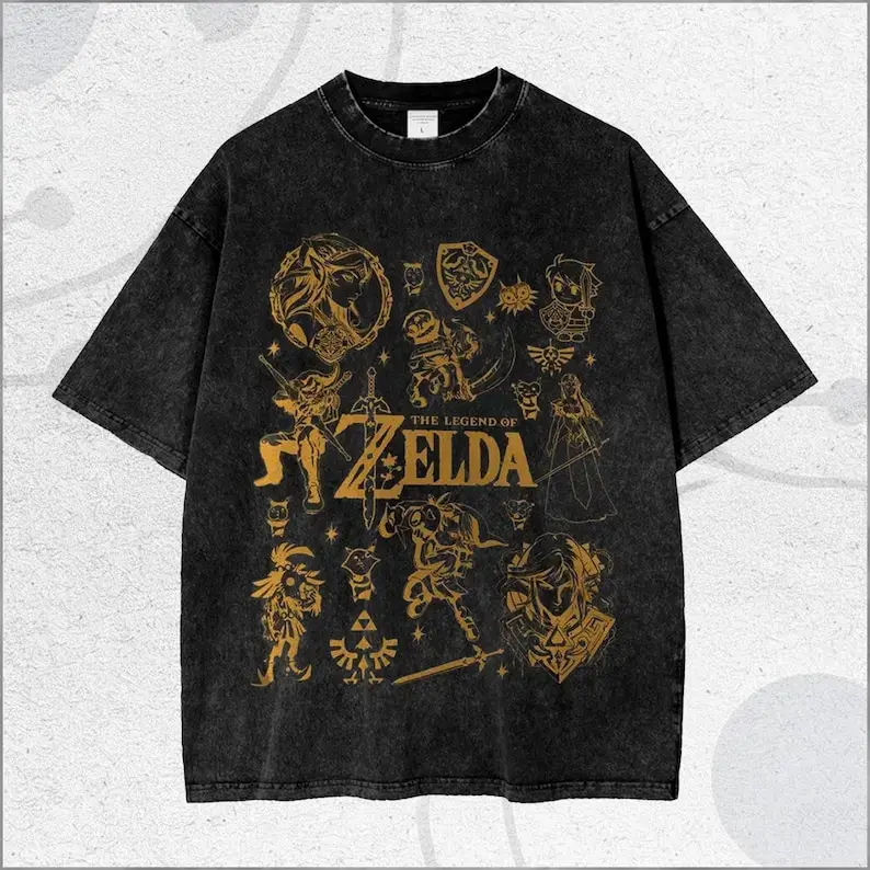 The Legend of Zelda Shirt, Link Zelda Oversized Tshirt, Vintage Gaming Graphic Tee, Acid Wash Streetwear, Gold Hyrule Triforce Master Sword Collage Top, Heavyweight Cotton Harajuku Apparel, Unisex Tee