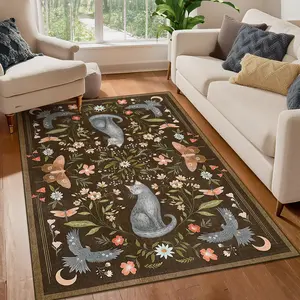 Washable Living Room Rugs, Non Slip  Gothic Nursery Rug, Non Shedding Foldable Cat Rug Stain Resistant Low Pile Animal Print Floor Cover for Bedroom, Dining Room, Kids Room