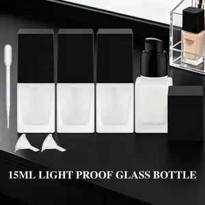 4 Pack 15ML Frosted Glass Pump Bottles, Includes Measuring Droppers & Liquid Funnel, Mini Refillable Containers, Ideal for Creams, Lotions, Serums