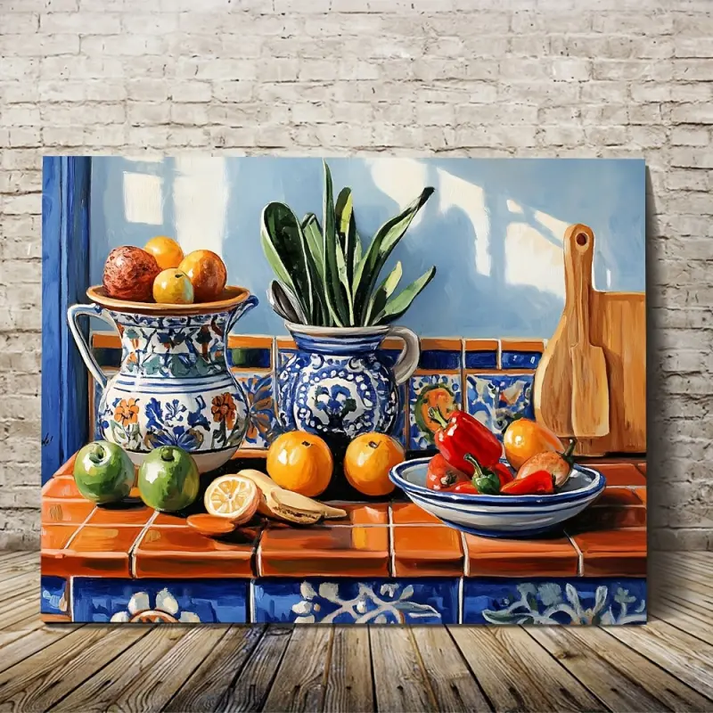 1 Piece PUDRAW Mexican Tarapaz Kitchen Still Life Canvas Art Wooden Frame Hanging Painting, 11.8x 15.7inch Vibrant Folk Art Print, Suitable for Living Room, Kitchen, Farmhouse Decoration - Summer and Autumn Home Decor, Rural Scene| Textured Artwork, Kitch