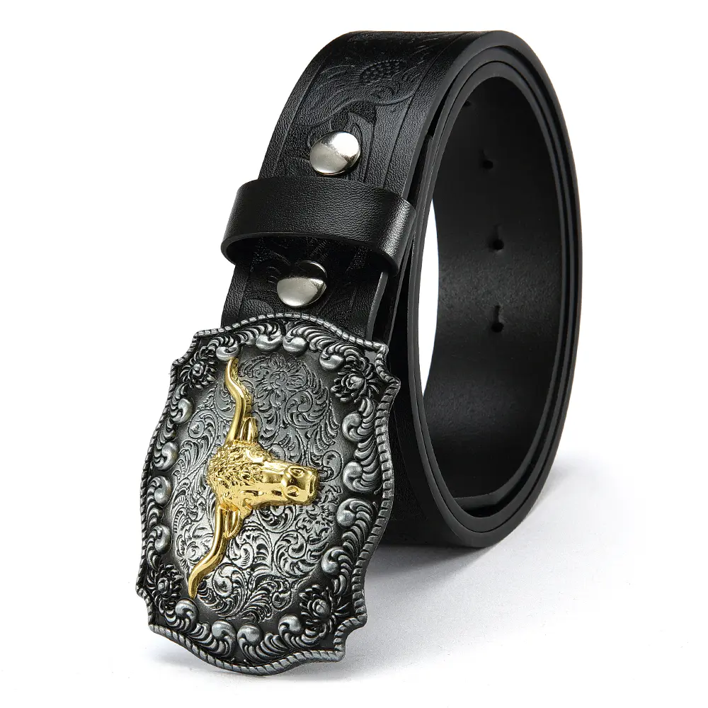 Men’s leather belt with a silver-tone buckle featuring an embossed gold longhorn steer design, and a floral embossed pattern on the body. This is a sturdy yet stylish Western-style belt suitable for work and weekends — an excellent gift for Valentin Trend