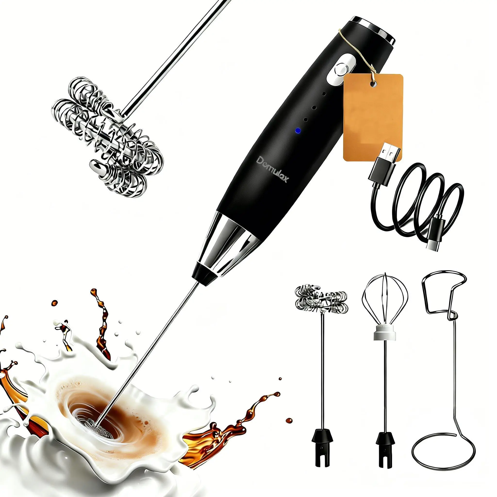 Electric Milk Frother Premium Handheld with Double Coil, Type-C Rechargeable, 3 Speeds for Thick Foam, Ideal for Cappuccino, Latte, Matcha, Protein, Plant Milk,Coffee Equipment Travel Coffee Machine Espresso Tools coffee bar station