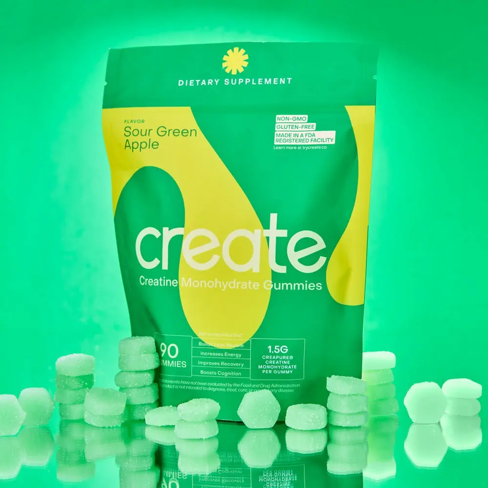 Sour Green Apple Creatine Monohydrate Gummies, 90ct Dietary US Gym Supplements with Healthy Ingredients, 1.56g Natural Edible Fitness Vitamin for Men & Women
