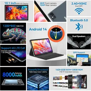 2026 Android 14 Tablet 10 inch, 4G Cellular with 2 SIM, 1 SD Slot, 5G WiFi, 128GB ROM + 14GB RAM, 8000mAh Battery, Octa-core, 1080FHD, 13MP+8MP, GPS