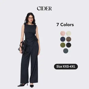 Cider 2-Piece Set Boat Neck Striped Wrap Knotted Top & Mid Rise Straight Leg Trousers Set– Office & Weekend Casual SummerWins SummerFinds