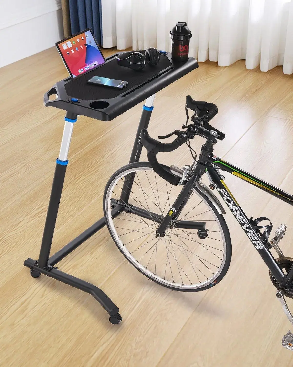 【Summerfinds】VEVOR Cycling Desk,  Mobile Foldable Multi-Functional Bike Trainer & Treadmill Desk with Lockable Wheels, Non-Slip Multi-Slot Bike Trainer Fitness Desk with Handle Bar, Fit for Home Office Exercise