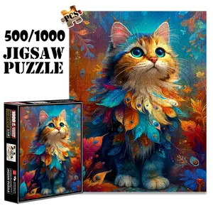 1pc 1000 piece adult puzzle 70x50cm Colorful Cat with Feather Collar in Floral Background 500 pieces of paper jigsaw puzzle, suitable for adults and families, large-scale DIY puzzle interactive toy