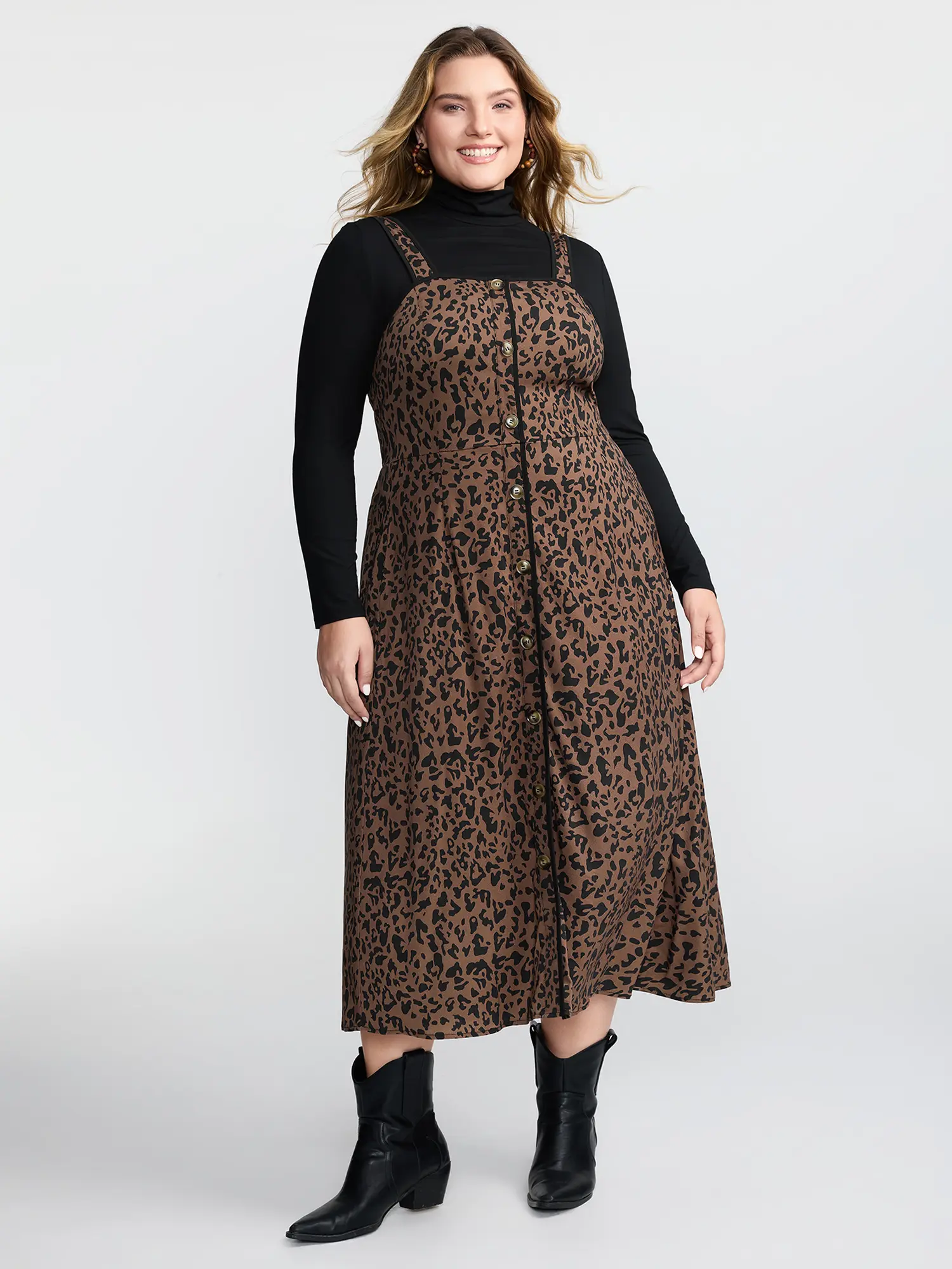 BloomChic Women's Casual Boho Fashion Cheetah Print Wide-Strap Sleeveless Midi Dress - Smooth Polyester Fabric, Button Front, Pockets, Low Iron for Crisp Look, Smooth Finish Feels Polished on Skin, Brown Coffee, Summer Wear