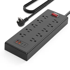 Power Strip, Surge Protector with 10 Outlets and 4 USB Ports, 5 Feet Extension Cord , Low Profile Flat Plug, Wall Mountable, Ideal for Home Office