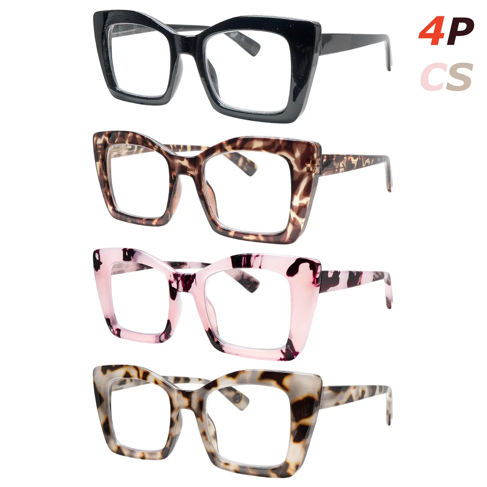 4 Pack Reading Glasses for Women Men Fashion Blue Light Blocking Spring Hinge Oversized Frame High Quality Daily Eyeglasses