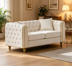 63" Modern Chesterfield 2-Seater Velvet Loveseat Sofa, Button Tufting, Rolled Arms, Gold Legs, Comfy Indoor Living Room Furniture for Primary Living Space