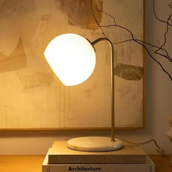 Brightech Krystal LED Table Lamp - Smart Frosted Round Glass Globe Arcing Brass with Base, Mid-Century Modern Ambient Lighting Lamp, Warm White Lights for Bedroom, Home Improvement Indoor Lighting