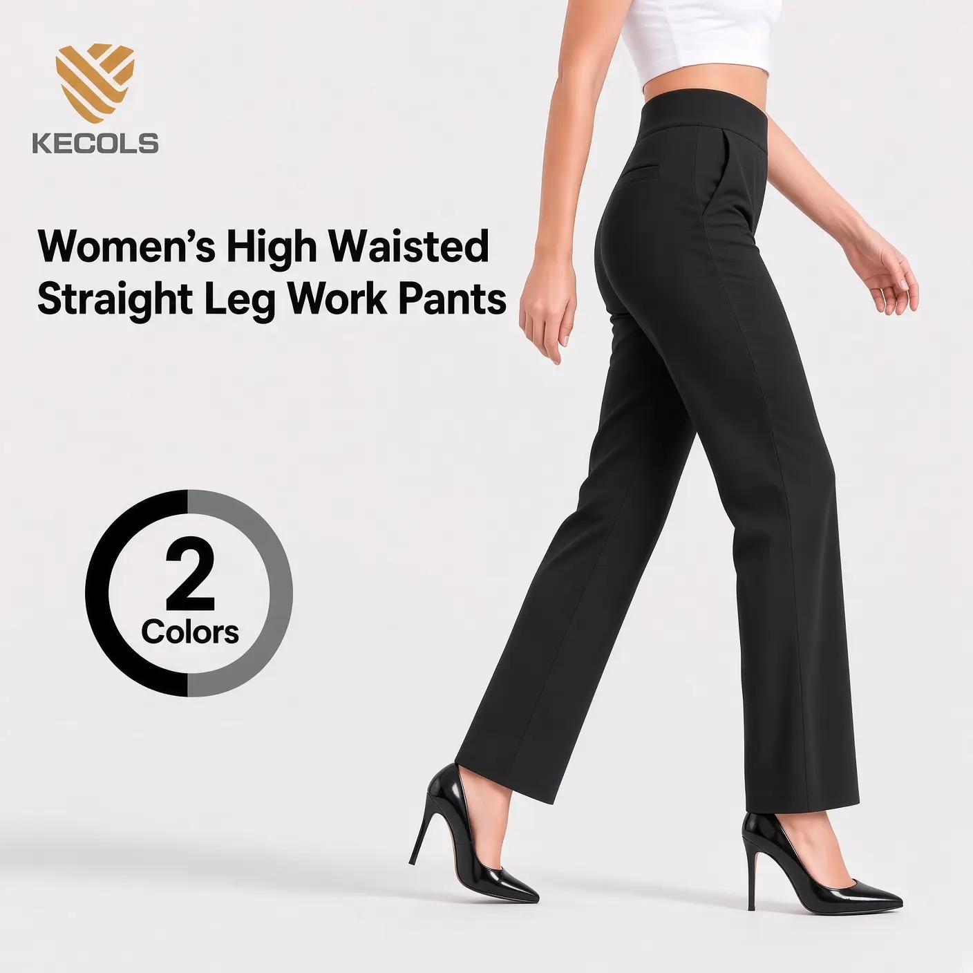 Women’s High Waisted Straight Leg Work Pants, Flex Stretch Casual Pants with 2 Side Pockets & 2 Faux Back Pockets