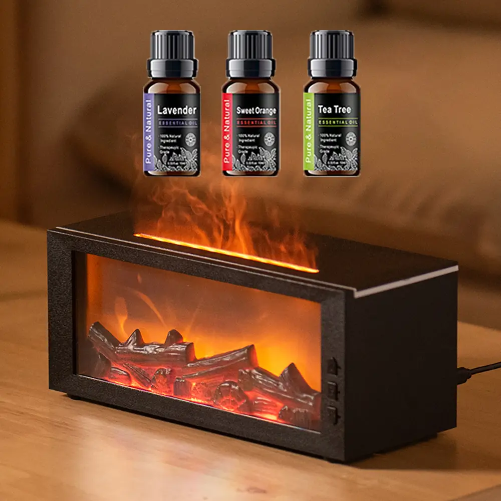 Air Humidifier Essential Oil Diffuser Flame Aroma Humidifier Home Room Fragrance Diffuser with Night Light Aromatherapy Diffuser auto-off protection bourbon  humidifier