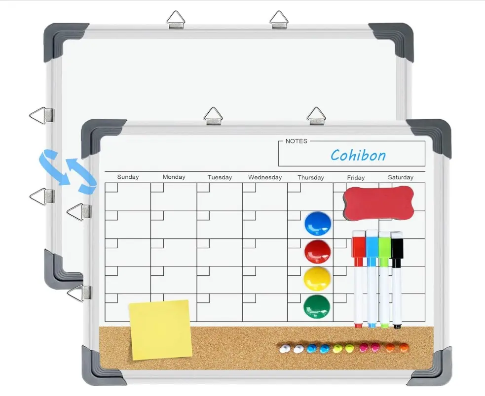 Dry Erase Calendar for Wall, Magnetic Whiteboard Calendar Cork Board Combination,16"x13" Magnetic Dry Erase Board,Monthly Double-Sided White Board Dry Erase for Office,Kitchen,School,Home