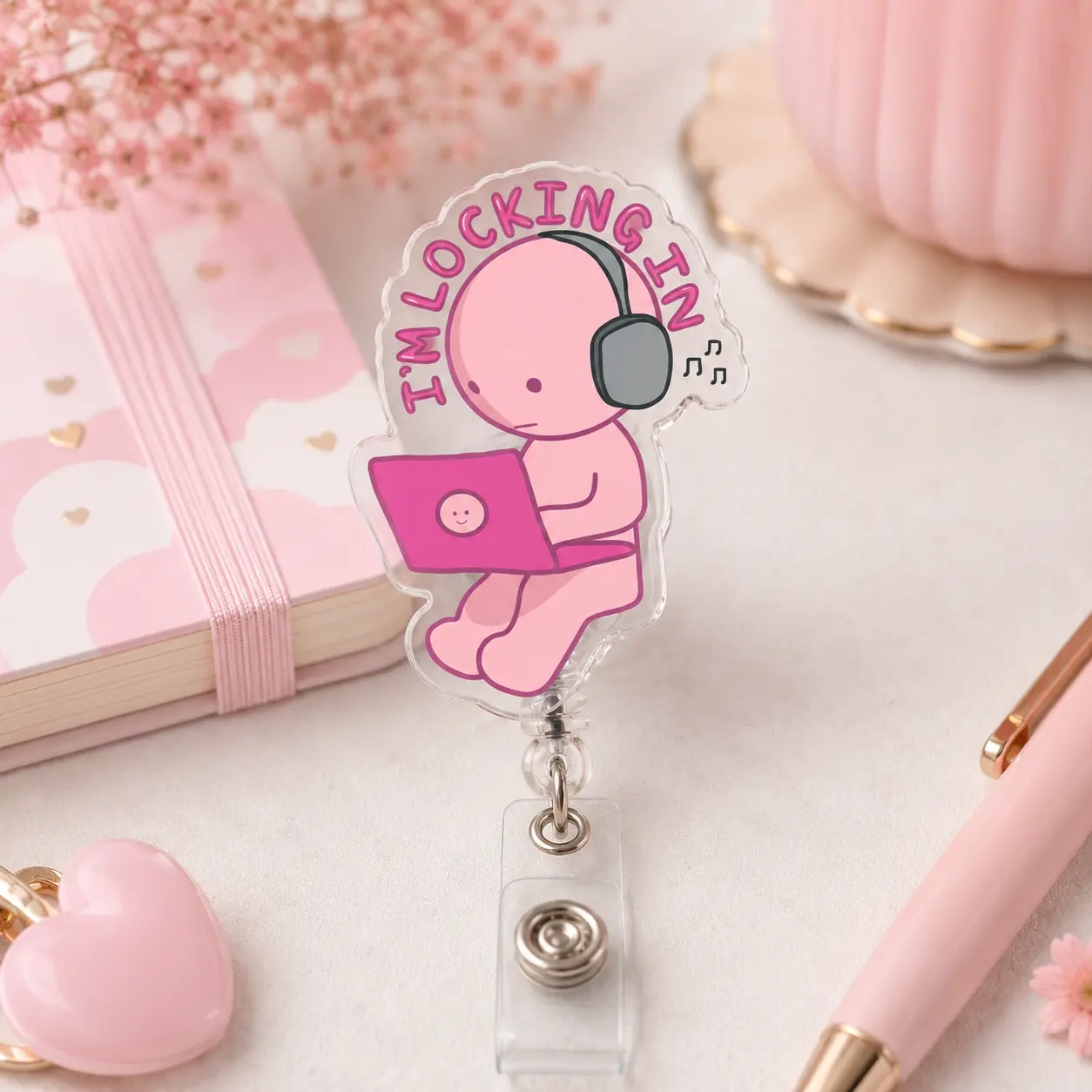 Alternative Style Cute Pink Character "I'm Locking In" Badge Reel - Aesthetic Spooky Retractable ID Clip
