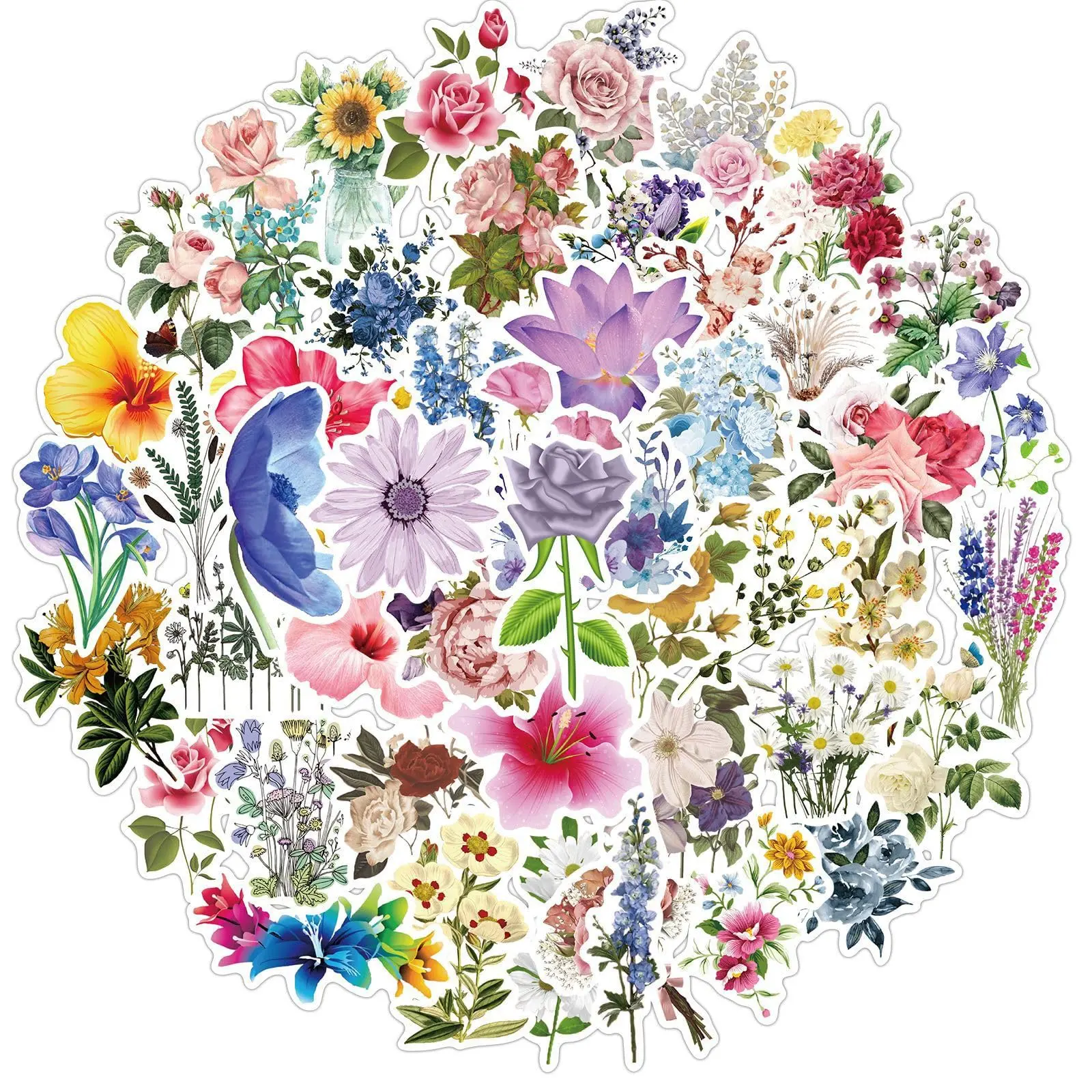 50 PCS Botanical Aesthetic Waterproof Die-Cut Vinyl Flower Stickers, Phone & Laptop Accessories with Protection for Journal Planner Water Bottle Case (Colourful-F11)