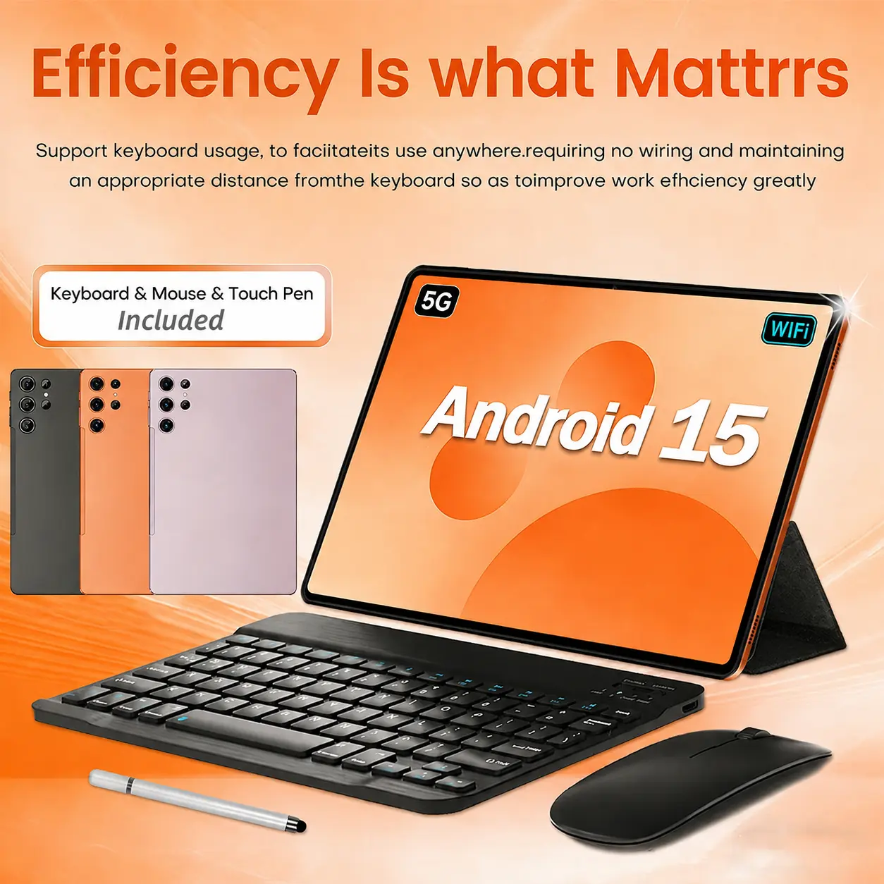 W&O 2026 Touchscreen Android 15 Tablet - 11-in HD Display, 12GB(6+6) RAM+256GB Expandable Storage, 10000mAh Battery, 5G WiFi, Tools and Gadgets, Cool Gadgets with Keyboard Support, Mouse, Case, Stylus Support, Dual Camera, Ideal for School, Work