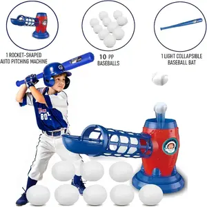 Kids Automatic Baseball Pitching Machine Set – Includes Youth Bat & 10 Plastic Balls | Adjustable Speed Toy for Boys & Girls (Red/Blue Options)