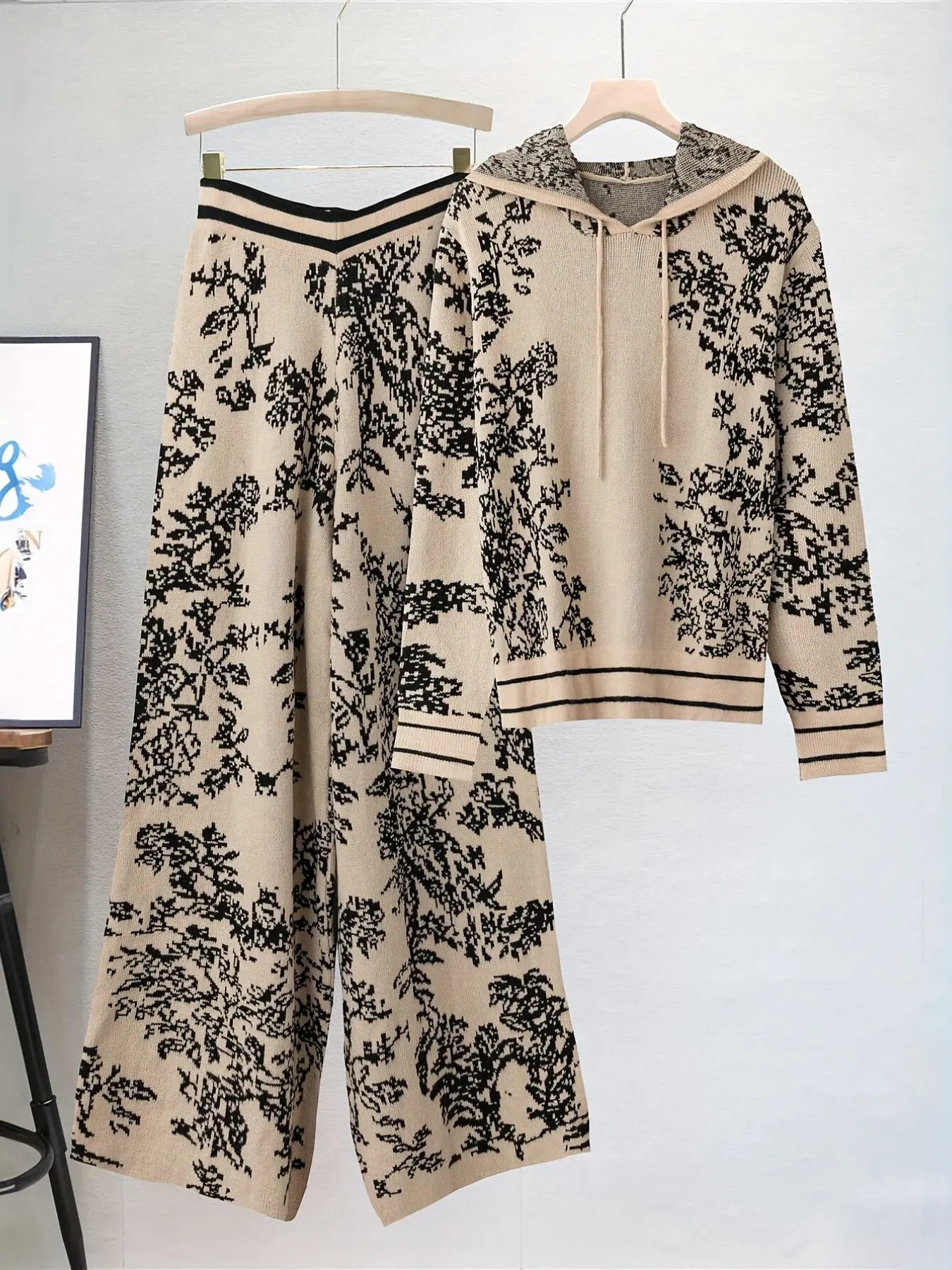 New Traditional Casual Style Hooded Knit Two-Piece Set, Mountain River Embroidery + Wide Leg Pants, Daily Commute/ Everyday Autumn Winter Clothes