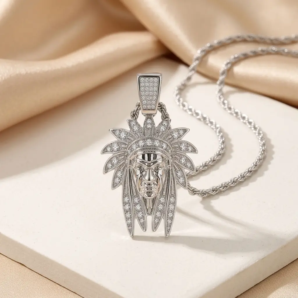 Iced Medium Chief Pendant with 4mm Rope Chain 24"