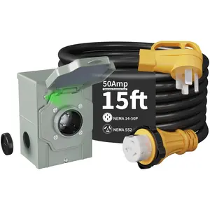 50 Amp 15FT Generator Cord and Power Inlet Box Kit, NEMA 14-50P Male to SS2-50R STW 6/3+8/1 AWG 125/250V Twist Lock Connector with Pre-Drilled NEMA SS2-50P Inlet Box for House, ETL Listed
