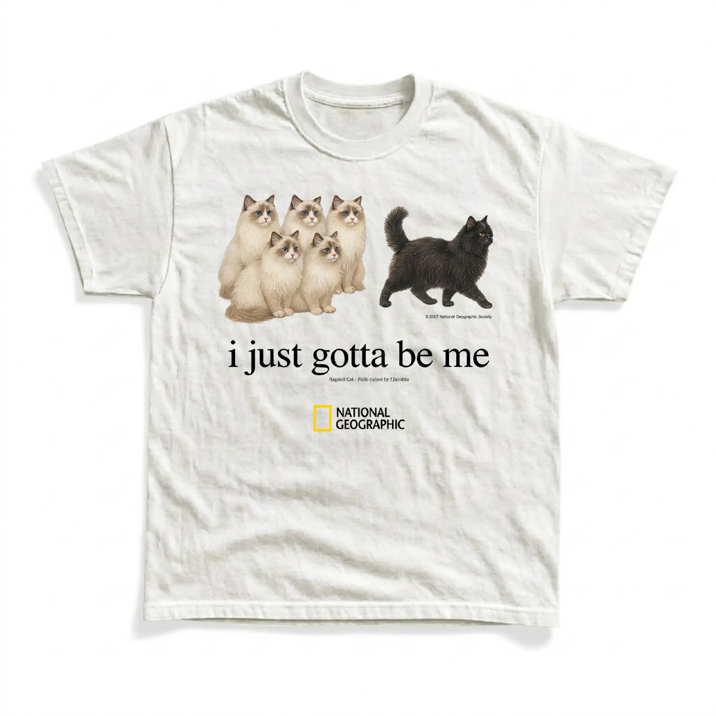 Gildan Men's and Women's T-Shirt, Vintage National Geographic "I Just Gotta Be Me" Cat Graphic Tee, Y2K Grunge Streetwear Shirt, Funny Cat Lover Quote Tops, Cute Ragdoll Cat Aesthetic Apparel, Retro Pet Lover Clothes, Vintage Gift Tees