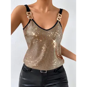 [Elegant Golden] Sequin Tank Top - Sleeveless, V-Neck, Polyester, Machine Washable - Women's Versatile All-Season Wear